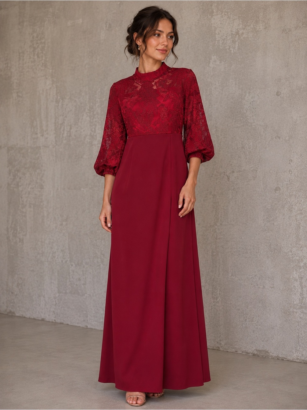 Vintage Coco Collection Burgundy Lace Maxi Dress | Sheer Sleeve Formal Gown - Picture 2 of 7